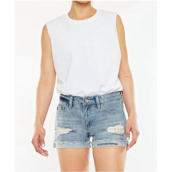 KANCAN Shorts Large Beren Mid-Rise Distressed Cuff Frayed Hem Cotton Denim NWT - Picture 1 of 16
